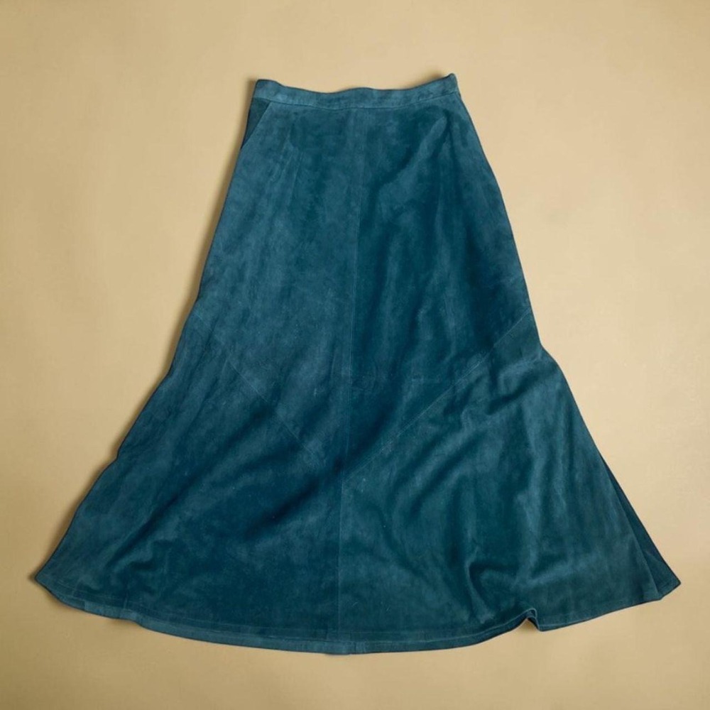Vintage 80s Minerva Teal Genuine Suede Leather Flared Midi Skirt M